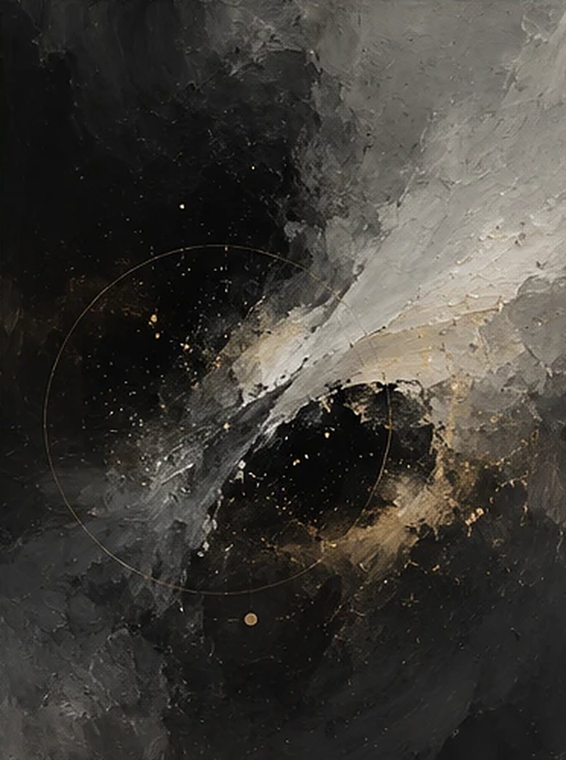 Painting: a pale plume driving into a dark core, a thin drawn circle laid over it like an instrument reading